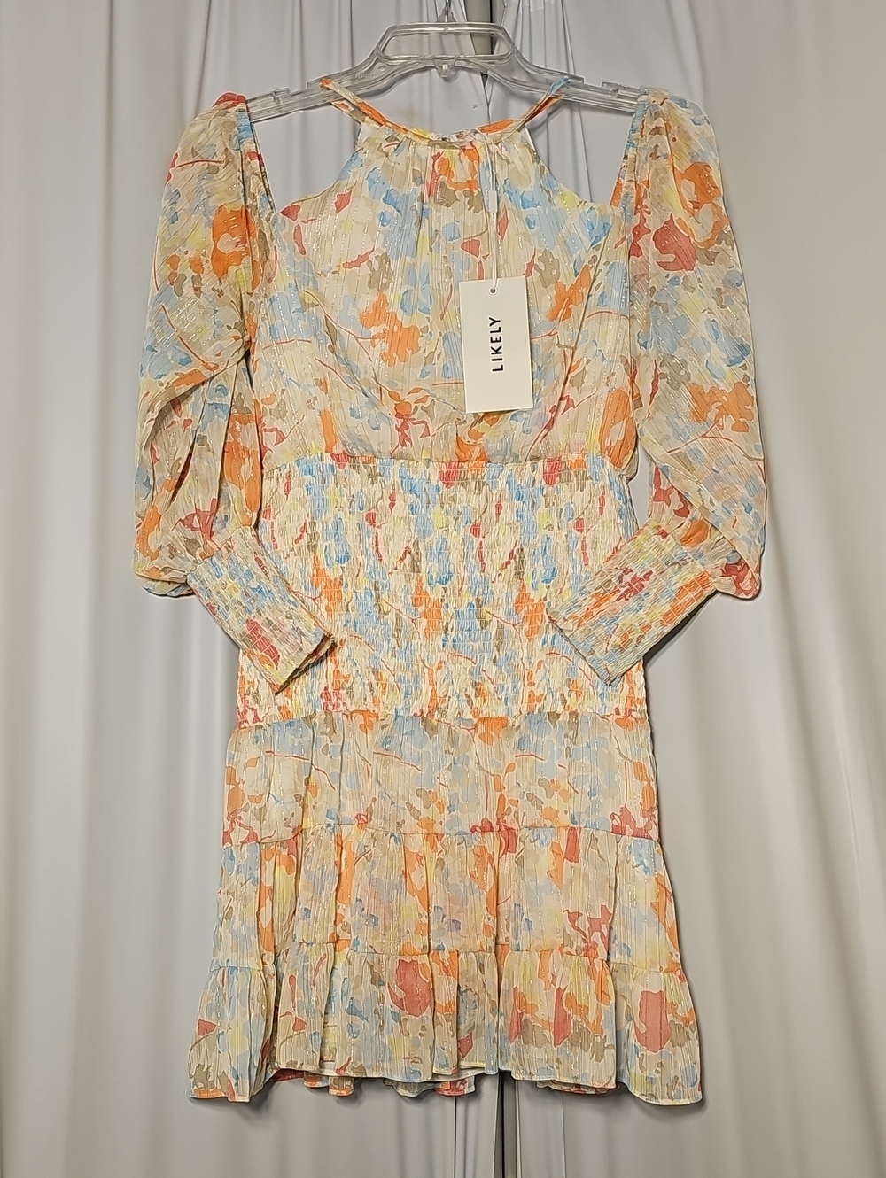 LIKELY Amanza Womens Multi-Colored Floral Smocked Ruffle Tiered Mini Dress